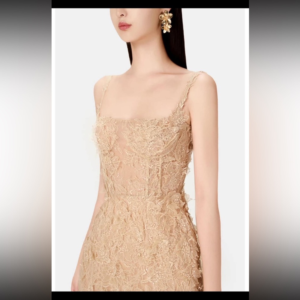 Montsand Ivory Beaded Lace Pencil Midi Dress in Nude - Picture 2 of 13
